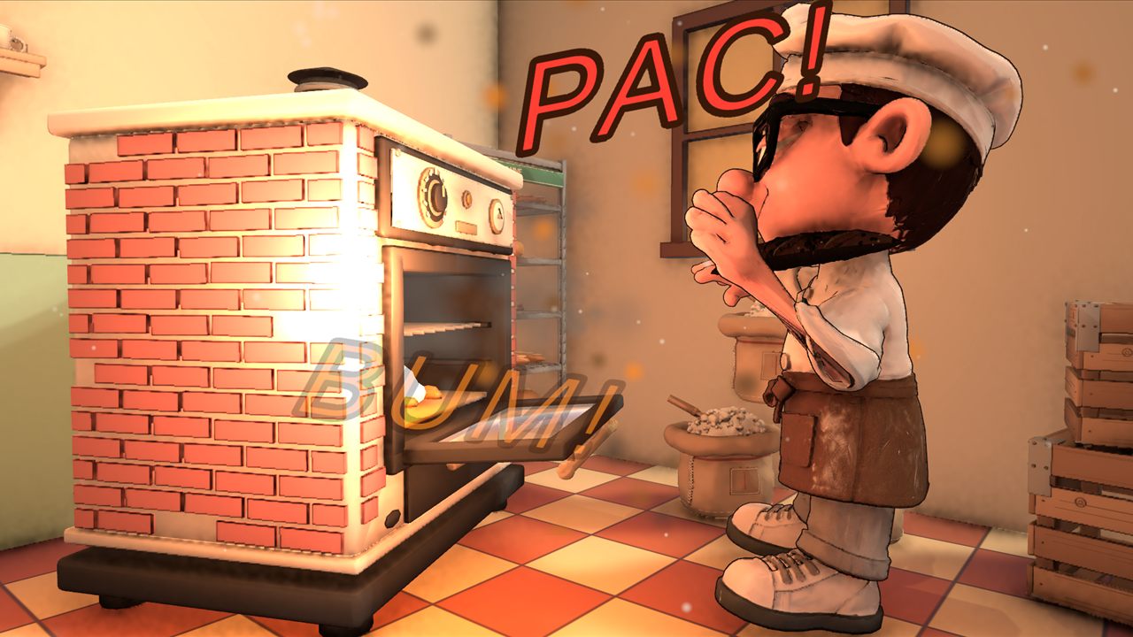 The baker gets hit in the face by a baguette from the oven