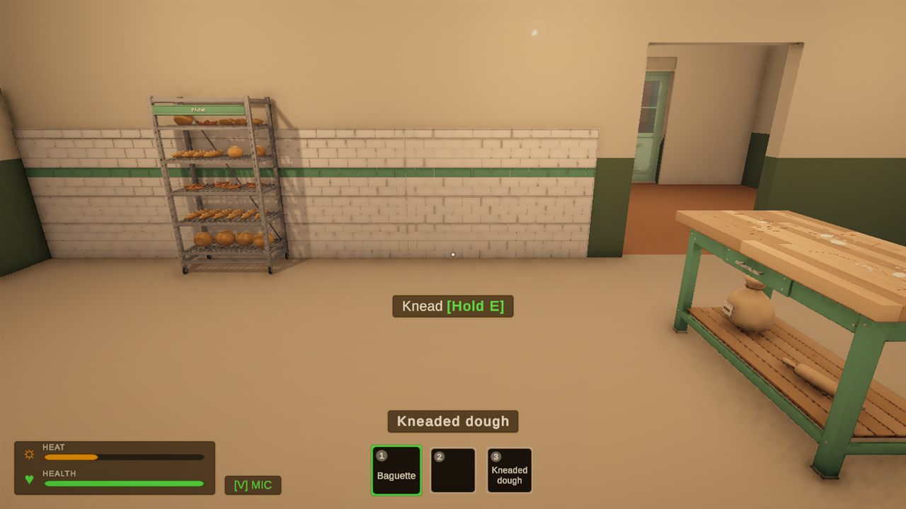 First-person view of the kitchen with the heat and health bars and three item slots